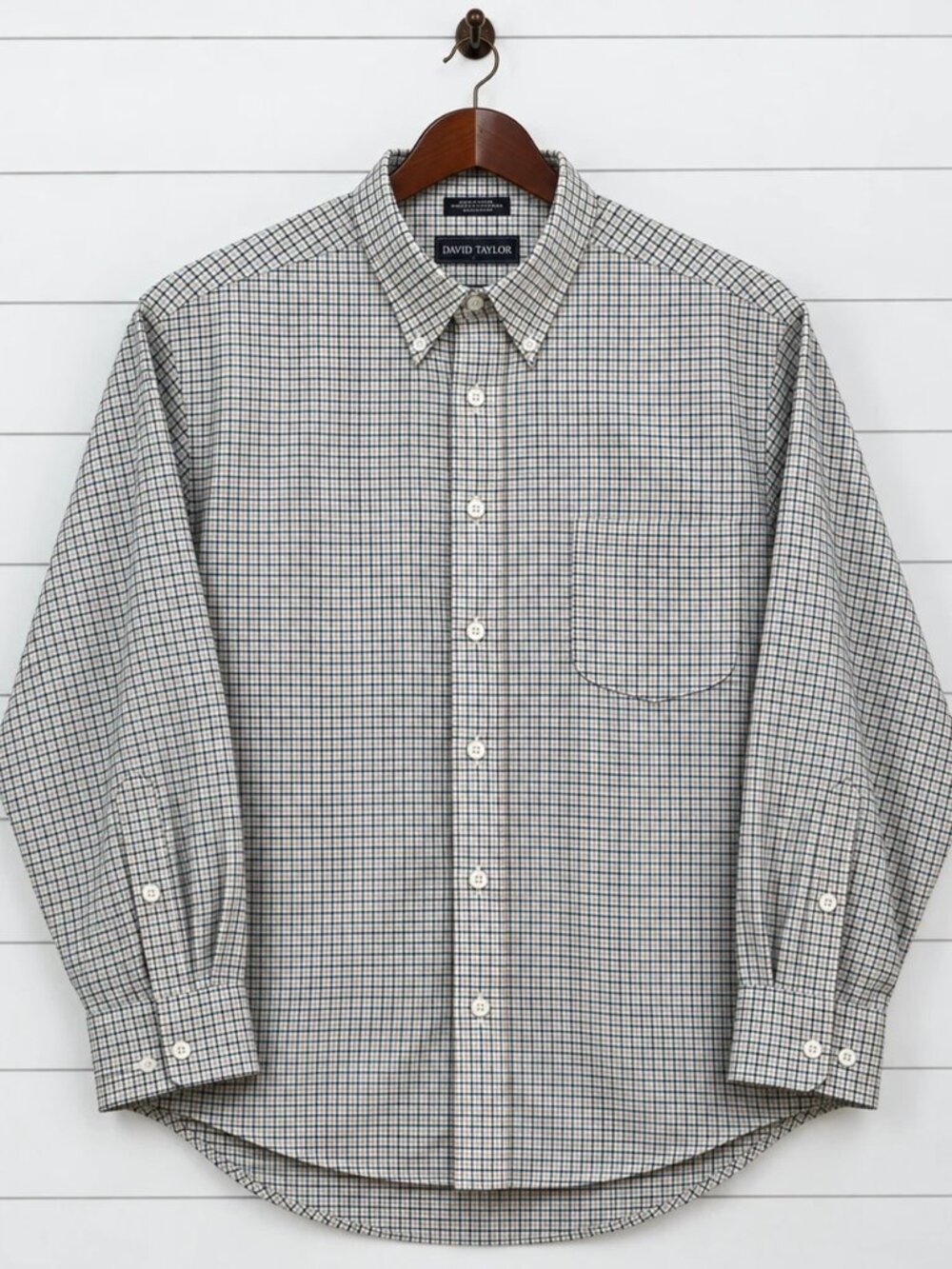 David Taylor Mens 19 34/35 Button Down Shirt Navy Tan Check Cotton Blend Korea
